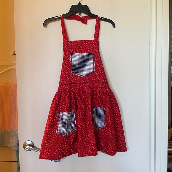 Handmade Red Cotton Gingham 3-Pocket Halter Apron Retro Kitchen OS - Picture 3 of 16